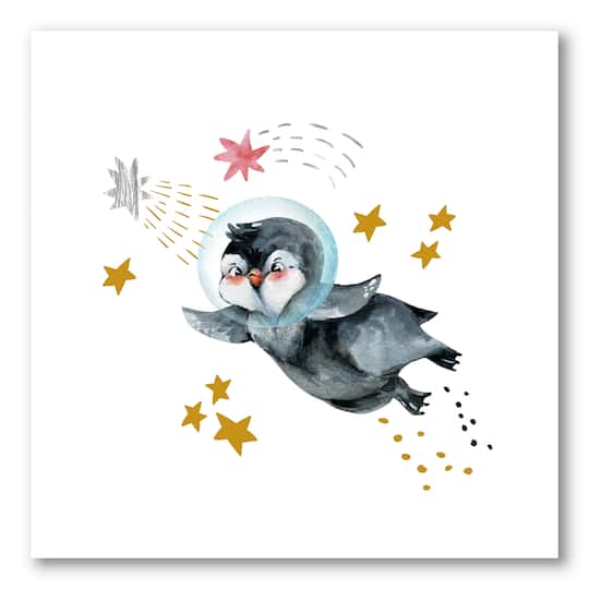 Designart - Little Penguin Flying Stars and Planets I - Farmhouse Canvas Wall Art Print